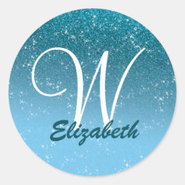 Personalisiert Girly Blue Glitzer Glitzern Monogra Runder Aufkleber
