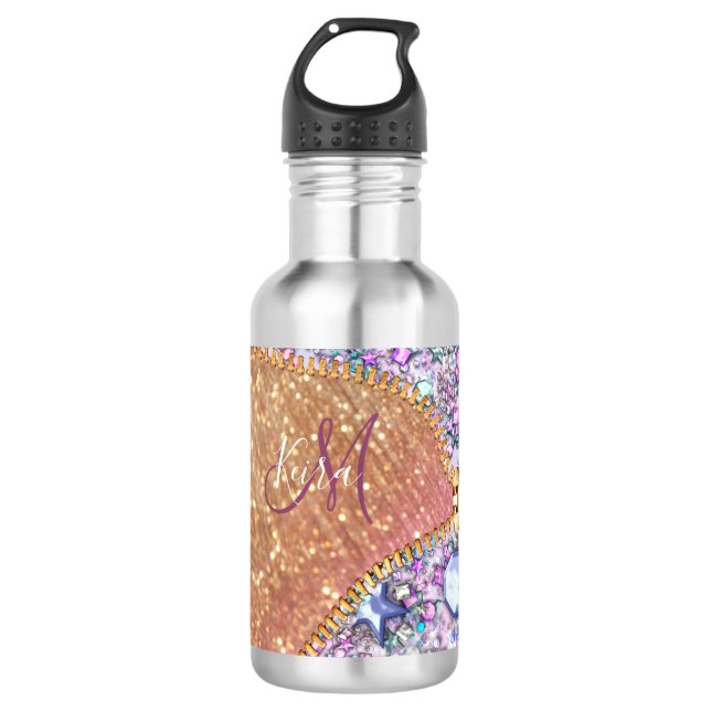 Personalisiert Girly Gold Glitzer Mit Monogramm Ro Edelstahlflasche (Vorderseite)
