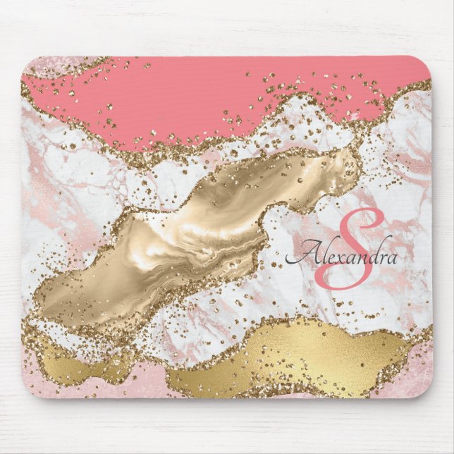 Personalisiert Girly Pink Glitzer Agate Mit Monogr Mousepad (Vorne)