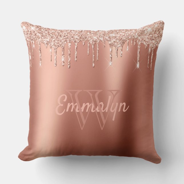 Personalisiert Girly Rose Gold Coral Glitzer Tropf Kissen (Vorderseite)