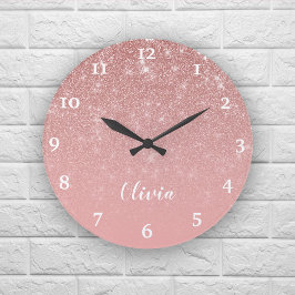 Personalisiert Girly Rose Gold Glitzer Glam Ombre Große Wanduhr