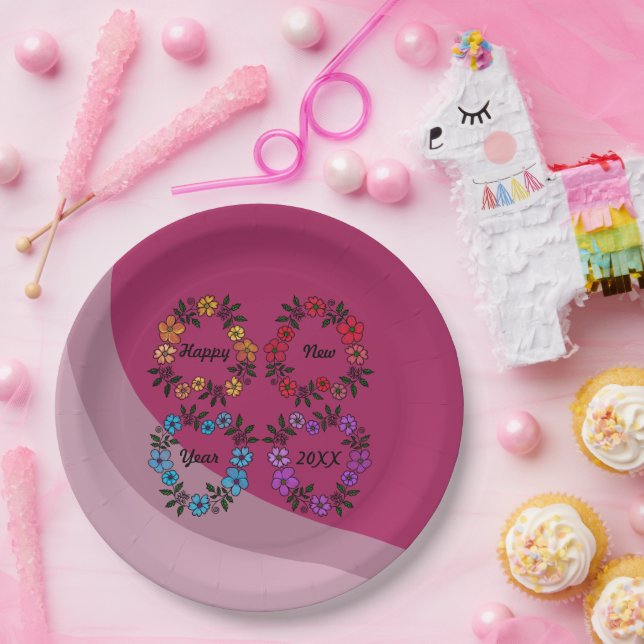 PERSONALISIERT GLÜCKLICHES NEUJAHR 20XX & BLUME KR PAPPTELLER (Party)