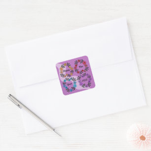 PERSONALISIERT GLÜCKLICHES NEUJAHR 20XX & BLUME KR QUADRATISCHER AUFKLEBER