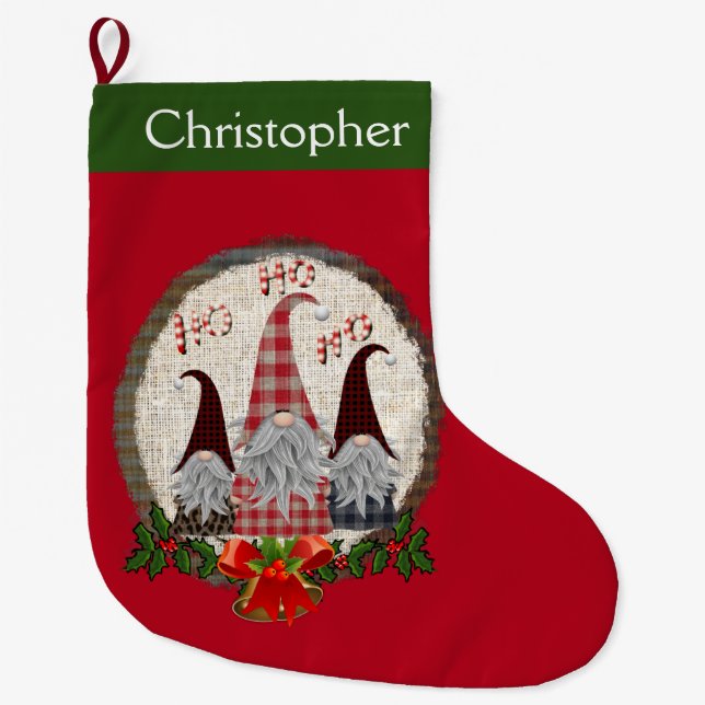 Personalisiert Gnome Red Green Holly Bells Niedlic Großer Weihnachtsstrumpf (Vorderseite)