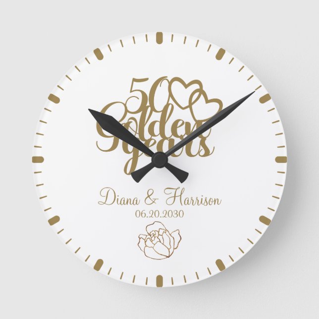 Personalisiert Gold 50 Jahre Jubiläum Geschenk Wei Runde Wanduhr (Vorderseite)
