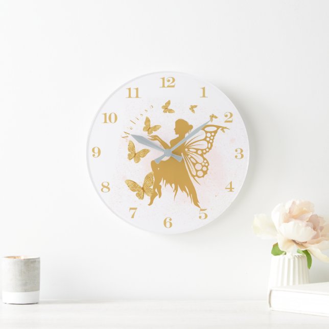 Personalisiert Gold Butterfly Fairy Große Wanduhr (Zuhause)
