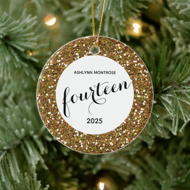 Personalisiert Gold Glitzer 14. Geburtstag Keramik Ornament (Baum)