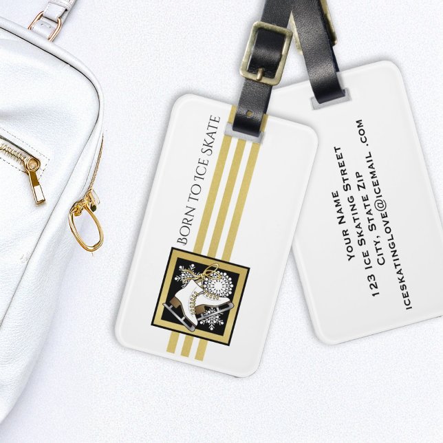 Personalisiert Gold Glitzer Schwarz-weiß Ice Skate Gepäckanhänger (Von Creator hochgeladen)