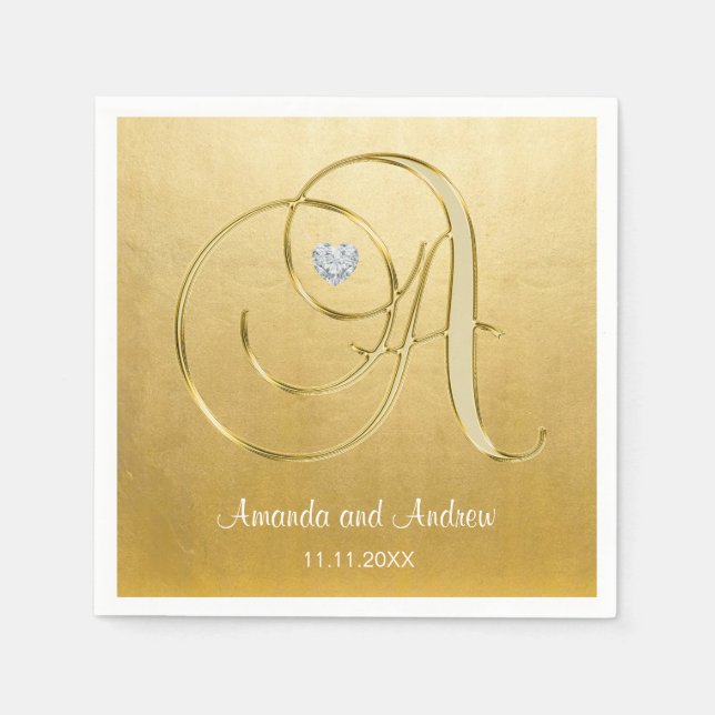Personalisiert Gold Monogram Initials Diamond Hear Serviette (Vorderseite)