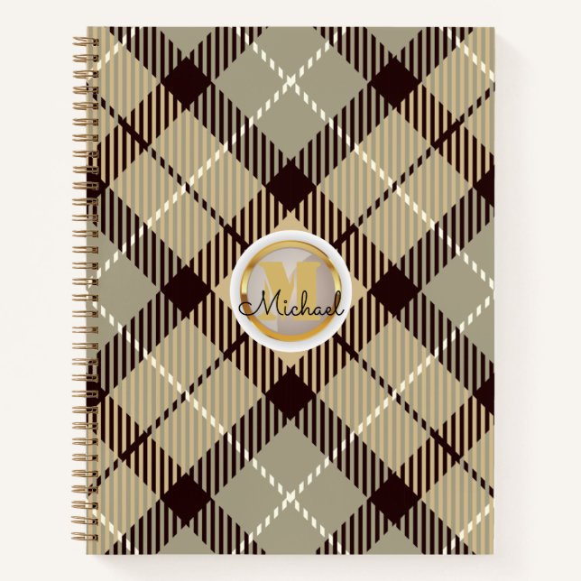 Personalisiert Gold Monogram Name Grau Tartan Kari Notizbuch (Vorderseite)
