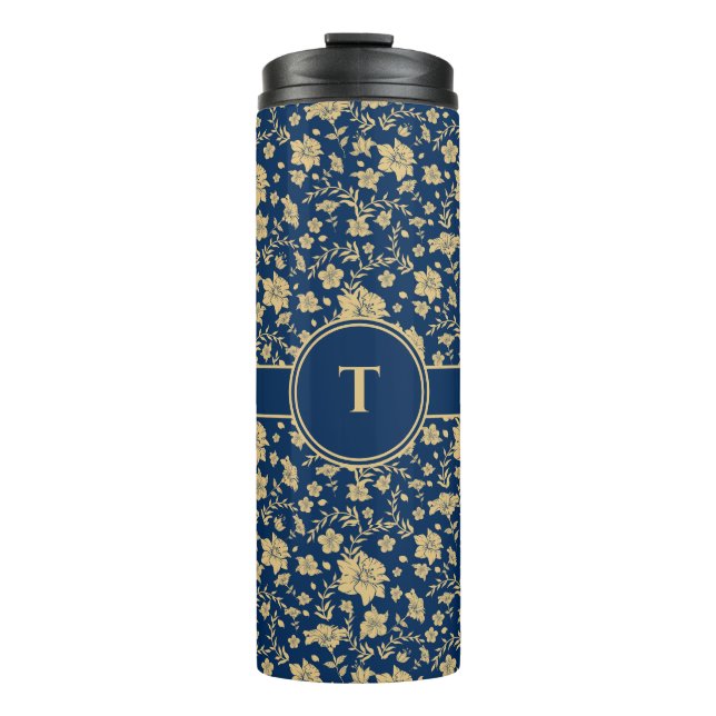 Personalisiert Gold Navy Floral Tumbler Thermosbecher (Vorderseite)