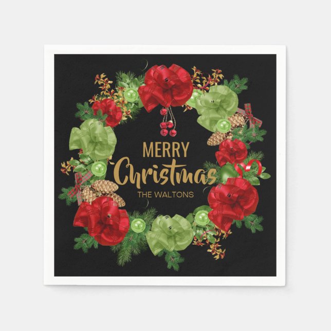 Personalisiert Gold Red Black Wreath Frohe Weihnac Serviette (Vorderseite)