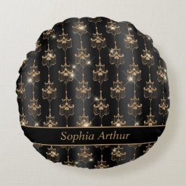 Personalisiert Gold Sparkle Kronier Pattern Schwar Rundes Kissen