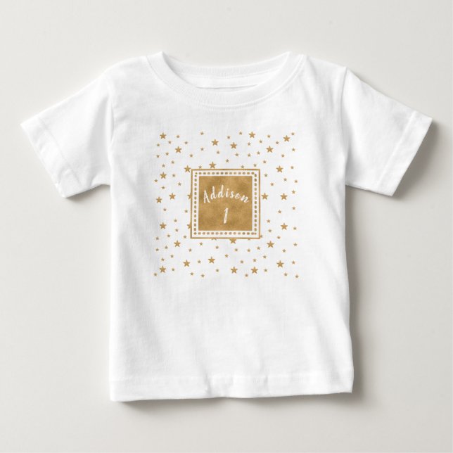Personalisiert Gold Star Glitzer Girl Birthday Baby T-shirt (Vorderseite)