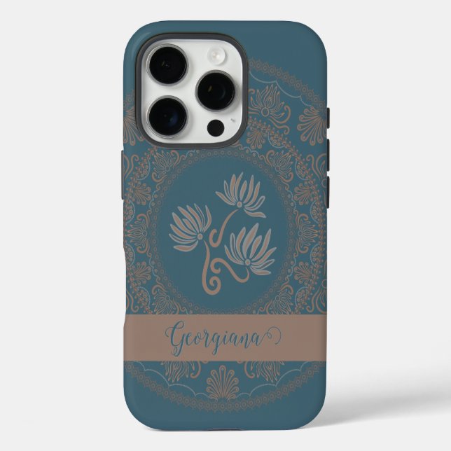 Personalisiert Golden Aquamarin Rokoko Lotus Dot M iPhone 16 Pro Hülle (Rückseite)