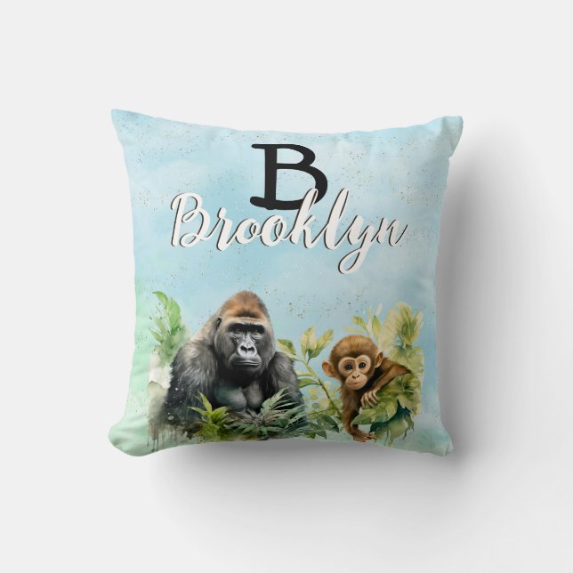 Personalisiert Gorilla Chimpanze Jungle Monogram Kissen (Vorderseite)