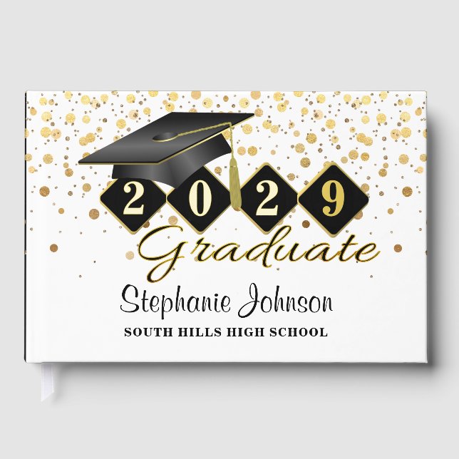 Personalisiert Graduiertenparty Black & Gold Gästebuch (Vorderseite)