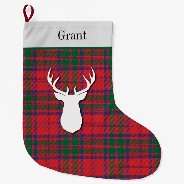 Personalisiert Grant Tartan Green Red Kariert Großer Weihnachtsstrumpf (Vorderseite)