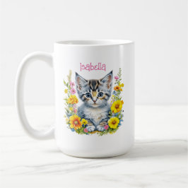Personalisiert Grau Kitten und Blume Wasserfarbe Kaffeetasse