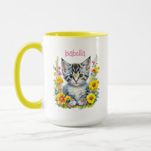 Personalisiert Grau Kitten und Blume Wasserfarbe Tasse