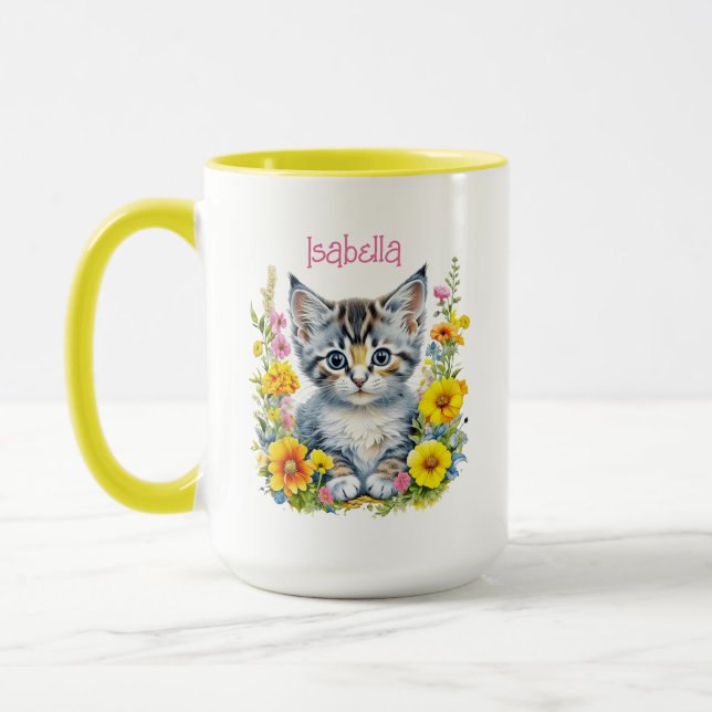 Personalisiert Grau Kitten und Blume Wasserfarbe Tasse (Links)