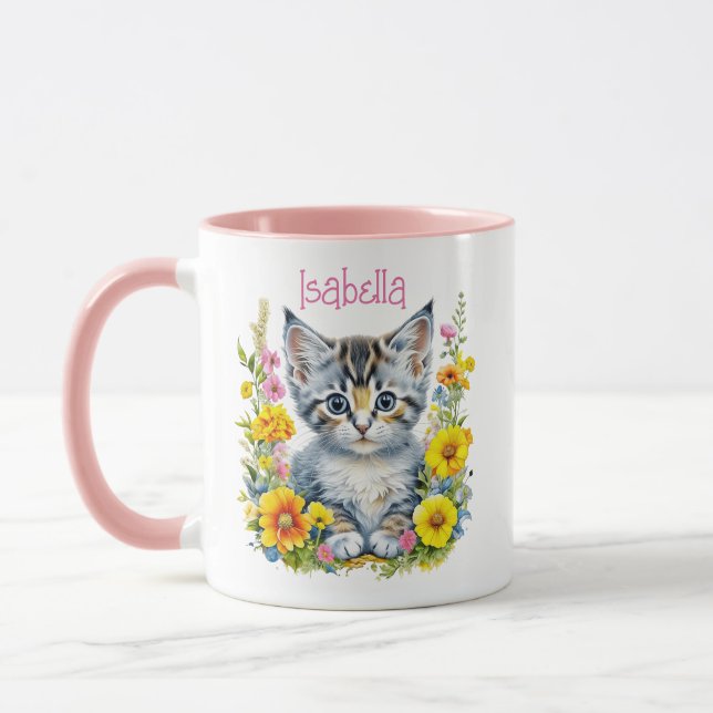 Personalisiert Grau Kitten und Blume Wasserfarbe Tasse (Links)