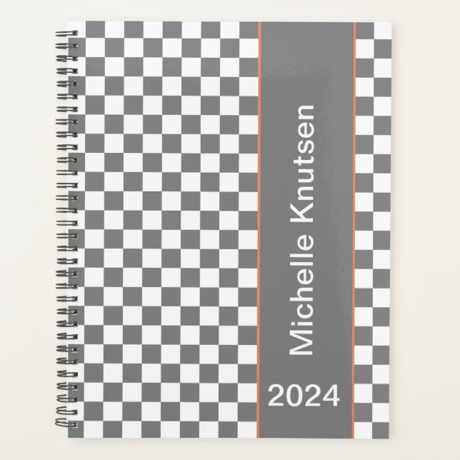 Personalisiert, grau und weiß kariert 2024 planer (Vorderseite)