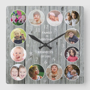 Personalisiert Grauholz-12-Familie-Fotosammlung Quadratische Wanduhr