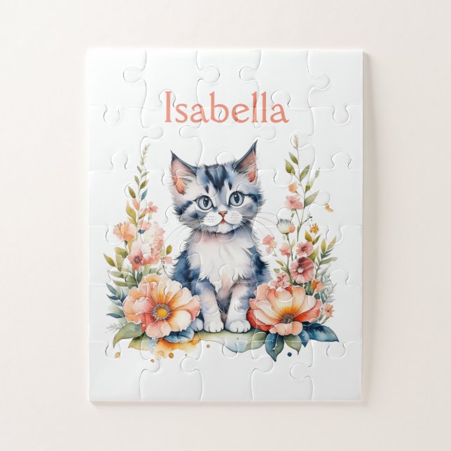 Personalisiert Gray Kitten in rosa Blume (Vertikal)