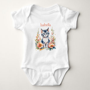 Personalisiert Gray Kitten in rosa Blume Baby Strampler