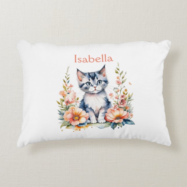Personalisiert Gray Kitten in rosa Blume Dekokissen (Vorderseite)