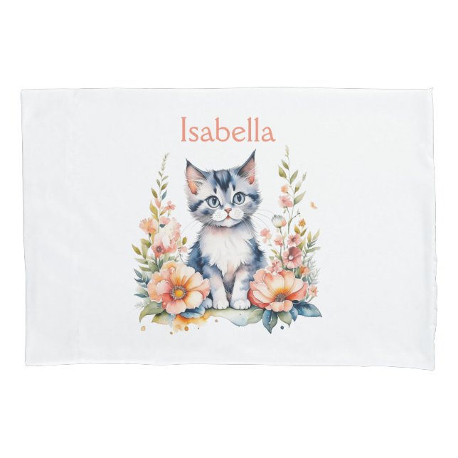 Personalisiert Gray Kitten in rosa Blume Kissenbezug (Vorderseite)