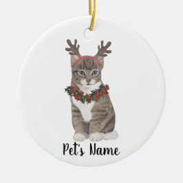 Personalisiert Gray Tabby Cat Holly Wreath & Antle Keramik Ornament