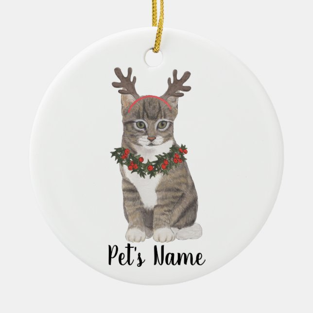 Personalisiert Gray Tabby Cat Holly Wreath & Antle Keramik Ornament (Vorne)