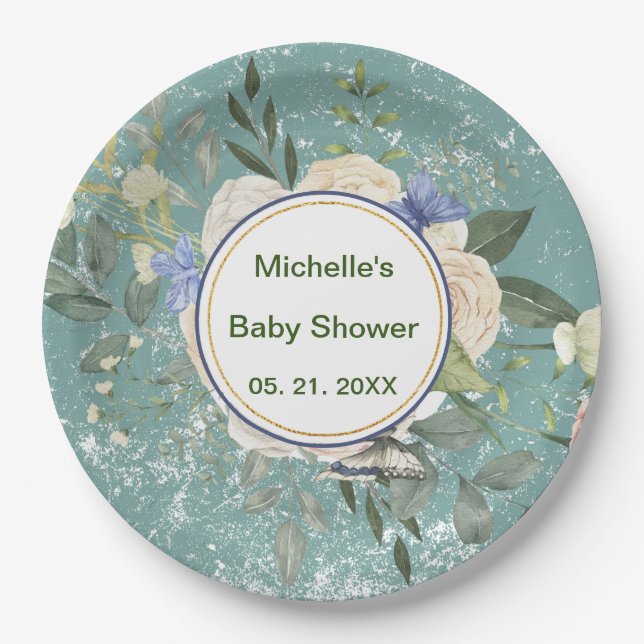 Personalisiert Green Grey White Florals Pappteller (Vorderseite)
