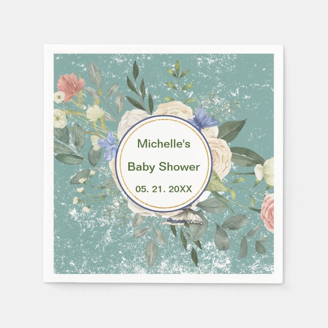 Personalisiert Green Grey White Florals Serviette (Vorderseite)
