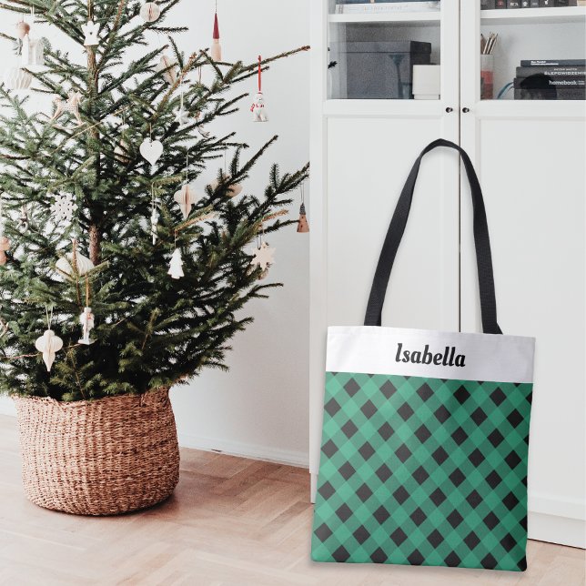 Personalisiert Green Kariert Buffalo Karo Gemuster Tasche (An elegant personalized tote bag, ideal for Christmas shopping, with green buffalo check pattern)