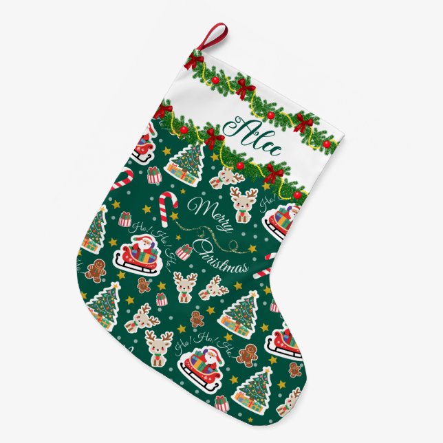 Personalisiert Green Santa Merry Weihnachten Großer Weihnachtsstrumpf (Vorderansicht (hängend))