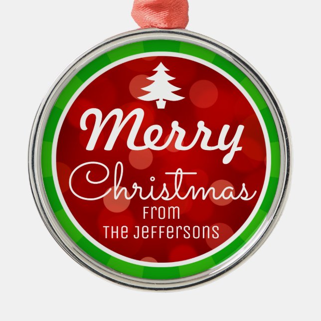 Personalisiert Green Stripes Red Bokeh Weihnachten Ornament Aus Metall (Vorne)