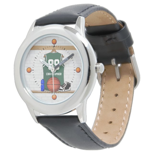 Personalisiert Green und White Basketball Jersey Armbanduhr (Schrägansicht)