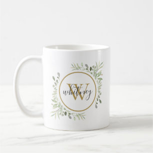 Personalisiert Greenery Gold Monogram Script Kaffeetasse