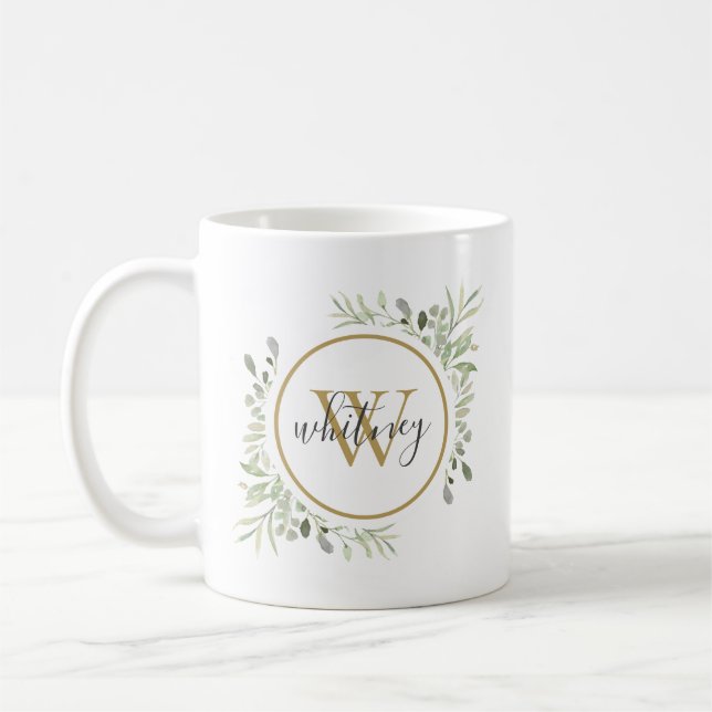 Personalisiert Greenery Gold Monogram Script Kaffeetasse (Links)