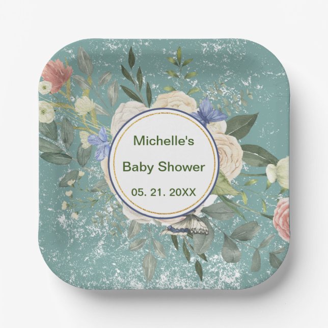 Personalisiert Grey White Florals Square Pappteller (Vorderseite)
