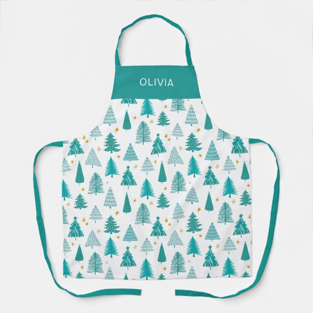 Personalisiert Grün Aquamariner Weihnachtsbaum Küc Schürze (Vorderseite)