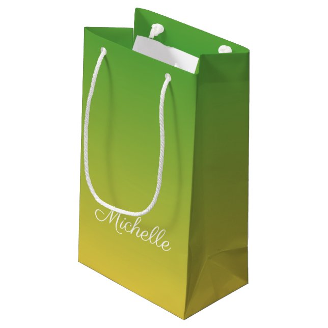 Personalisiert-grün und gelb-grün kleine geschenktüte (Rückseite Schrägansicht)