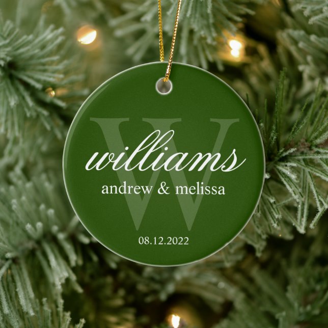 Personalisiert-grün-weiß-Monogramm Keramik Ornament (Baum)