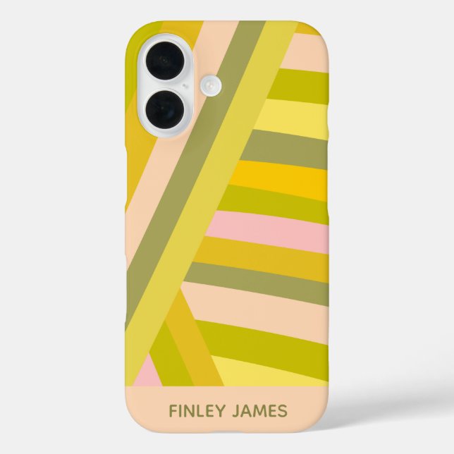 Personalisiert-grüne rosa gelbe Streifen Sommernam iPhone 16 Hülle (Rückseite)