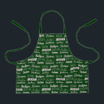 Personalisiert grüne Typografie Name Collage Kids Schürze<br><div class="desc">Eine festlich grüne Weihnachtsfeier,  die in neun Schriftart verziert ist und Ihren Nachnamen in Weiß schreibt. Niedliches Kindergeschenk mit lustiger Typografie.</div>
