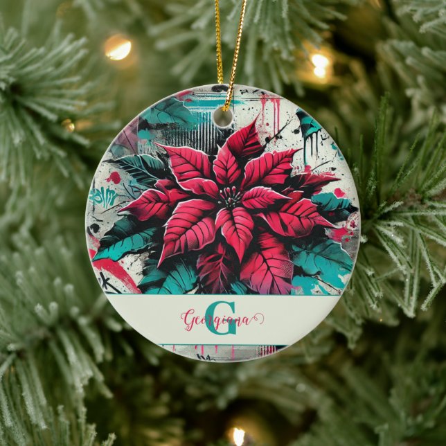 Personalisiert Grungy Poinsettia Floral Graffiti Keramik Ornament (Baum)