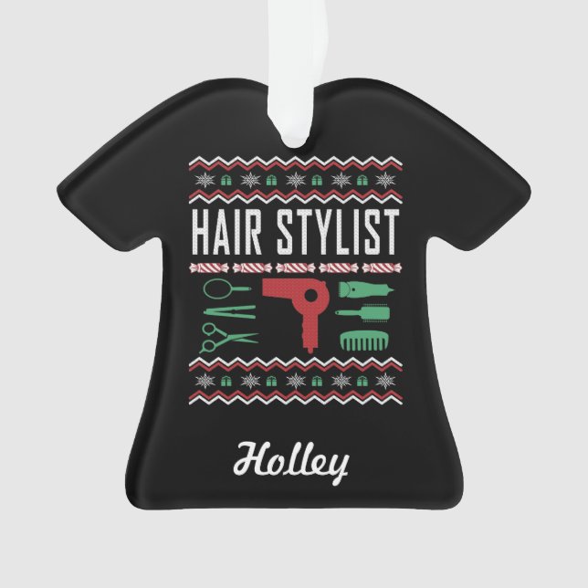 Personalisiert Hair Stylist Ugly Christmas Sweater Ornament (Vorderseite)